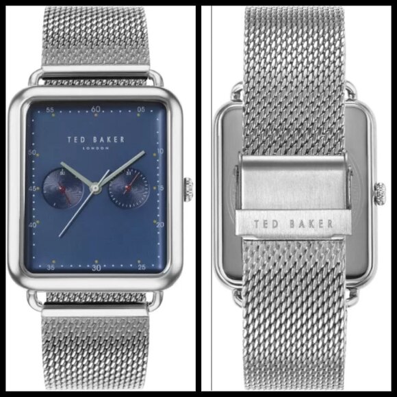 💕TED BAKER LONDON💕 Issaac Rectangular Mesh Watch Silver Blue Face Plate NWT - Picture 2 of 12